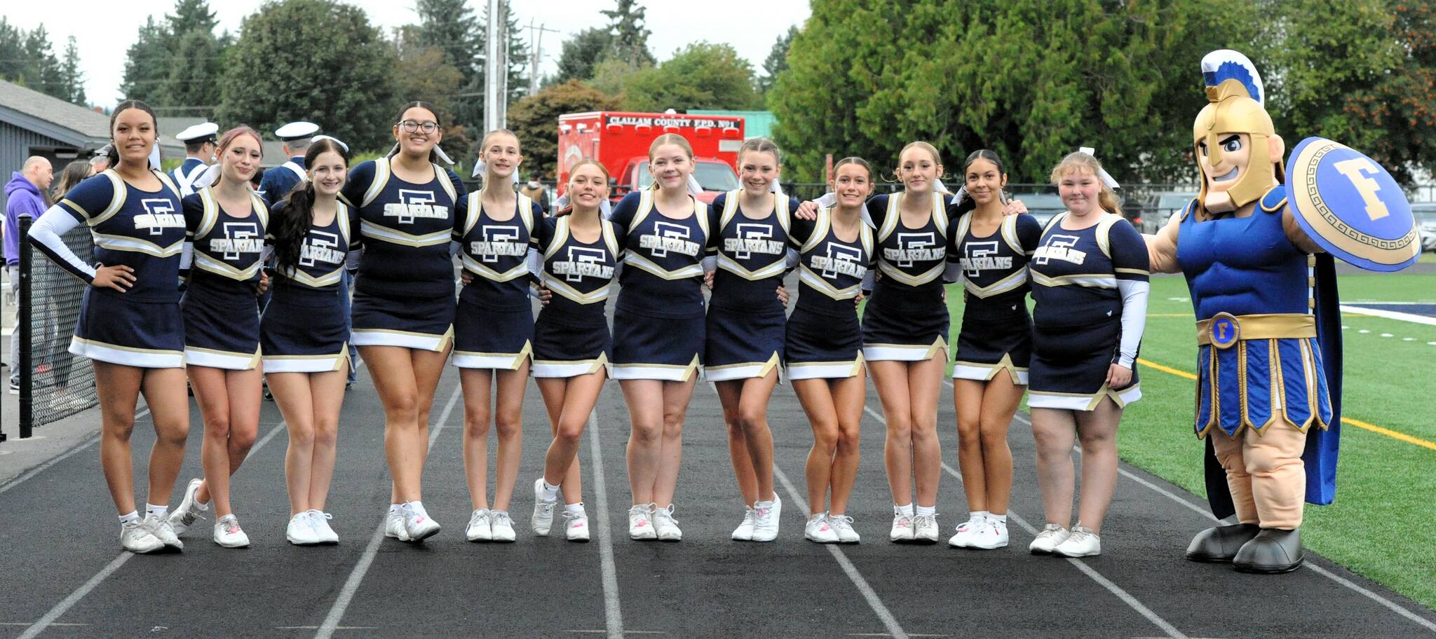 This amazing group is cheering on the Forks Spartans this football season. Pictured are - Jayden Brown, Taylor Ferro, Kaidyn Decker, Kareena Nandial, Rylinn Nelson, Alina Horjesi, Kaylee Roberts, KyLee Leppell, Libby Owen, Adera Theil, Danikka King, Abby Hutto and the Spartan mascot. Coaches are Saphire Leons and Eryn Abrahams.
Photo Lonnie Archibald
