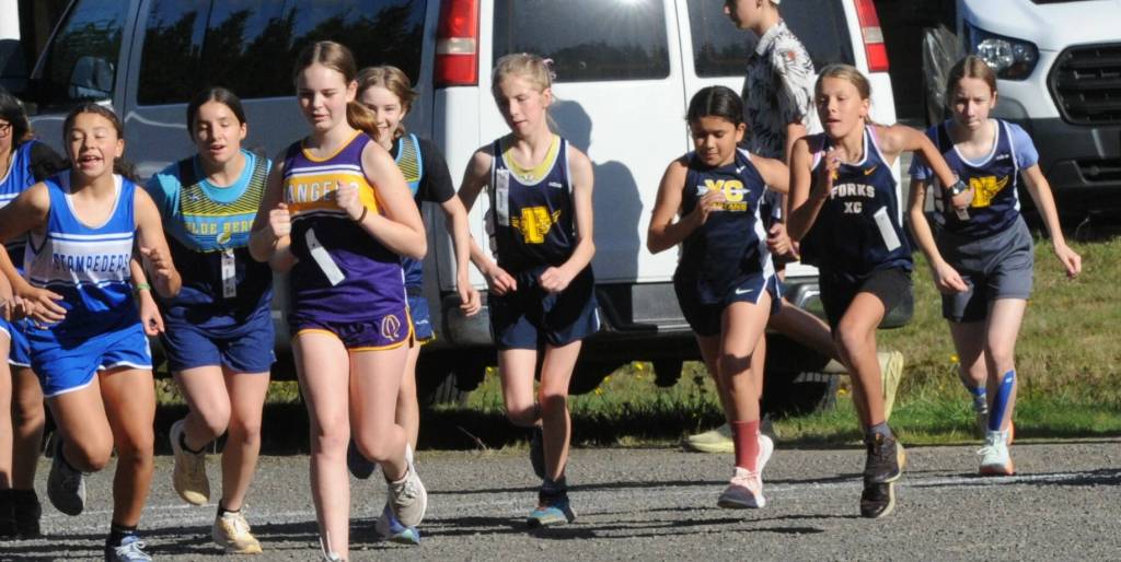 Photos by Lonnie Archibald
Above, the Forks Middle School girls cross country (far right) were off and running during the meet at the ONRC in Forks, which included Stevens of Port Angeles, Sequim, Blue Heron of Port Townsend, and Quilcene. Approximately 30 girls were out for the competition.