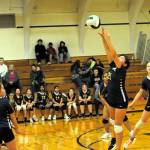 Spartan Neena Fisher hits against Chimacum, who defeated Forks 2 to 1 in a combination of 7th and 8th graders in middle school action, Oct. 13 in the Spartan Gym. Also in the action are Avonlea Fullwood (3), Jewel Salazar (5), and Pyper Graham (2). 
Photo by Lonnie Archibald