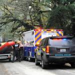 Photos by Lonnie Archibald
First responders work to launch the CCFD#1 swiftwater rescue raft at the Goodman Mainline bridge.