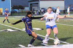 Photos by Lonnie Archibald
Spartan Joana Hernandez-Beltran kicks away from Adna defender Oct 29 at Spartan Stadium.