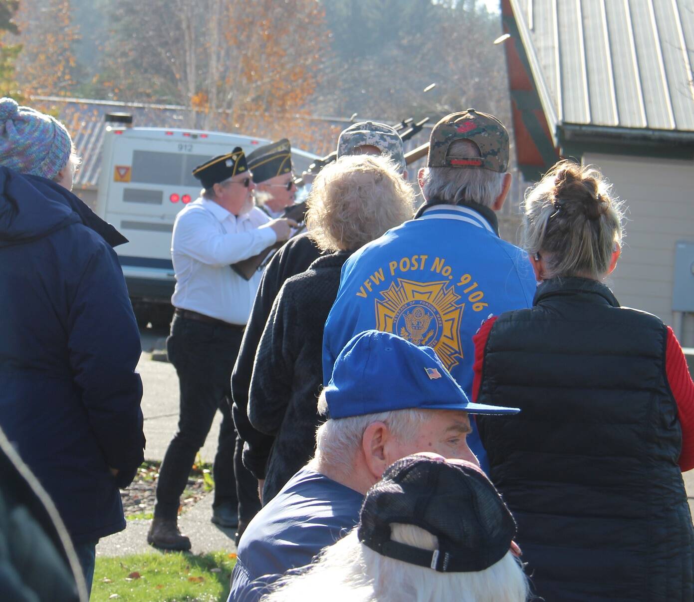 Right, Forks American Legion Post #106, welcomed a large crowd on a sunny day to the annual Veterans Day Ceremony at the Gold Star Families Memorial Monument. Saying a few words were Forks Mayor Tim Fletcher and City of Forks Attorney/Planner Rod Fleck. Those attending the Veterans Day Ceremony look on as the American Legion rifle squad offered the gun salute.
