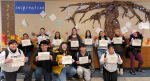 Submitted photo 
Nineteen staff members at Forks High School recognized these students as Joy Spreaders in their classrooms and throughout the school. The students were celebrated with treats and a blinking Joy Spreader ring in honor of their positive impact on both students and staff.
Front L to R: Angel Martin Chavira, Ricardo Garcia-Aparicio, Trentston Pope, Dashaun Pena, Amari Penn. Back L to R: Gladis Martin Pablo, Kylee Lepell, Kimberly Camacho, Jlynn Vessey, Taryn Thomas, Zoey Garcia, Lyric Neel, Mindy Murphy. Not Pictured: Braedon Klepps, Jade Blair, Carlee Barker, Sylvia Black-Ensastegui. Congratulations and thank you for making FHS a better place!