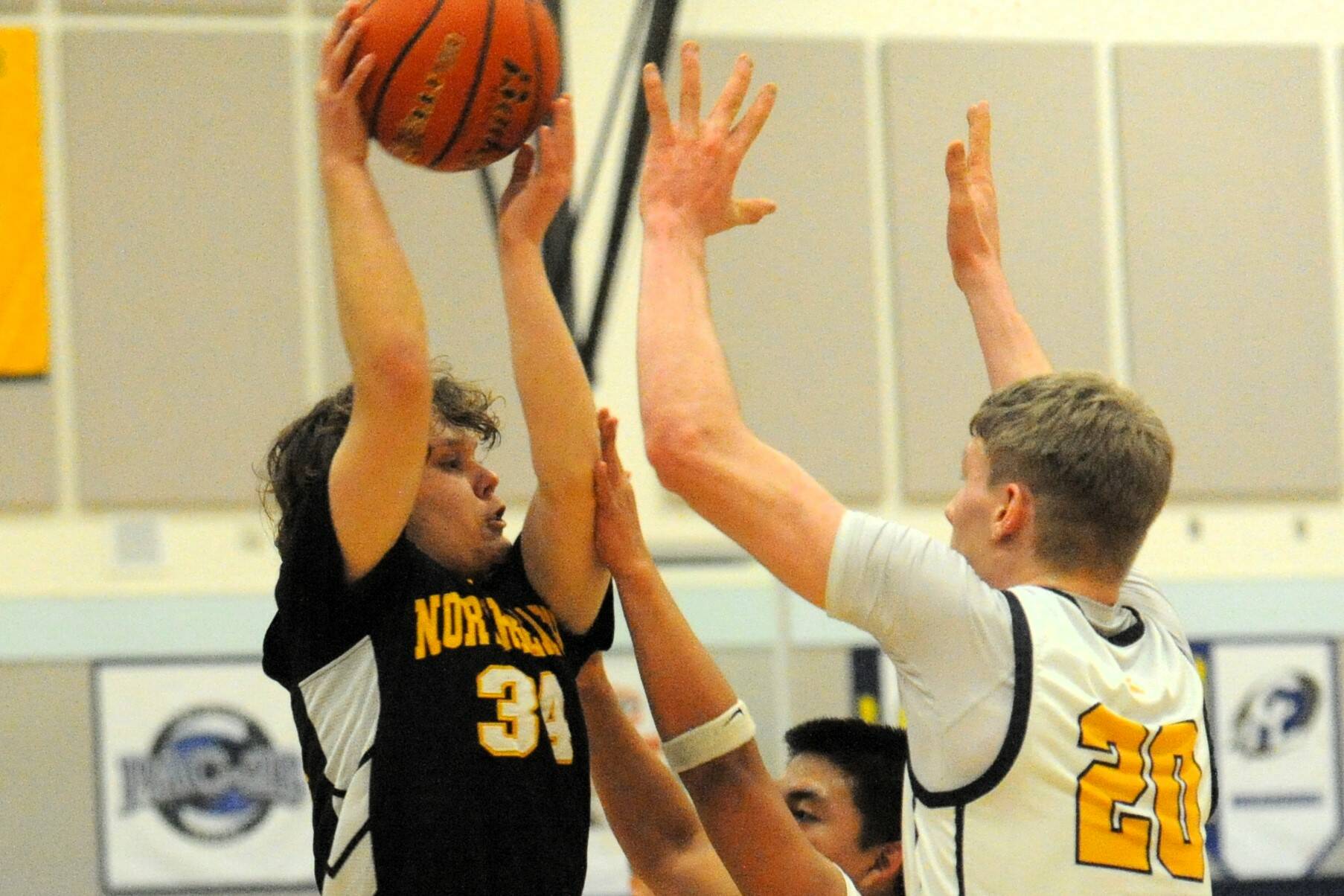 It was in your face defense as Ty Rowley (20) and Carlos Soto put pressure on this North Beach guard January 14 in Forks.