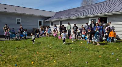 Colored eggs covered the grass at the Baptist Church last Saturday.