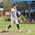 Avery Dilley, one of several pitchers this season for the Spartans, pitches against North Beach who Forks defeated 18 to 2 in a game called after three innings. The second game was also won by the thirteen point rule after three innings with Forks winning 20 to 4.