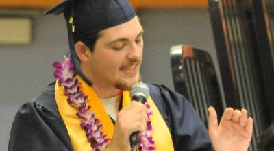 Salutatorian Trenston Pope makes a point during his graduation speech.