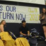 Photos by Lonnie Archibald
From left, Bailey Johnson, Samuel Lopez, and Fynlie Peters revealed the banner just below the class of 2026 sign, telling the entire Spartan world that it is now their turn. The class of 2027, that is.